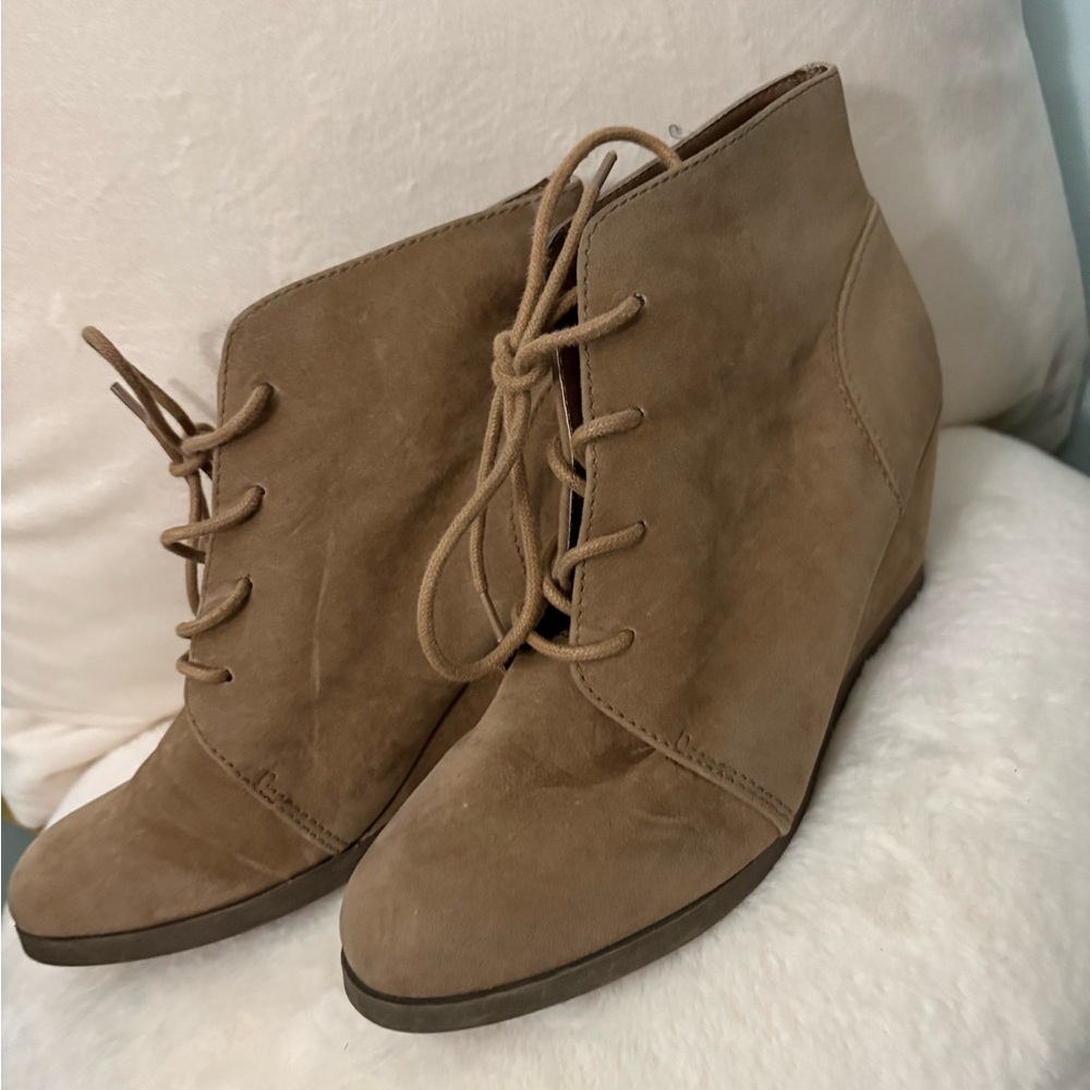 Tan wedge booties